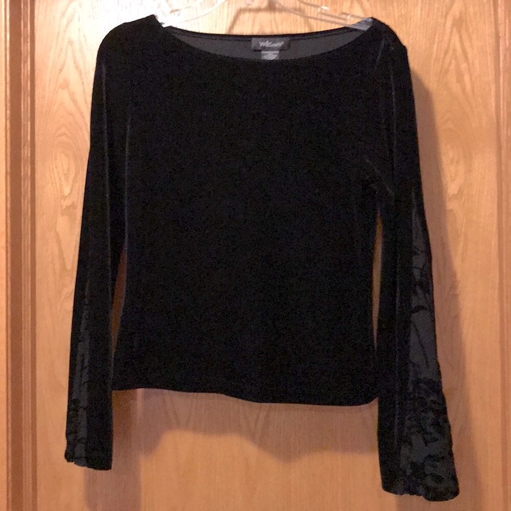Willi Smith vintage y2k black velvet S top wide sleeve sheer floral accents EUC